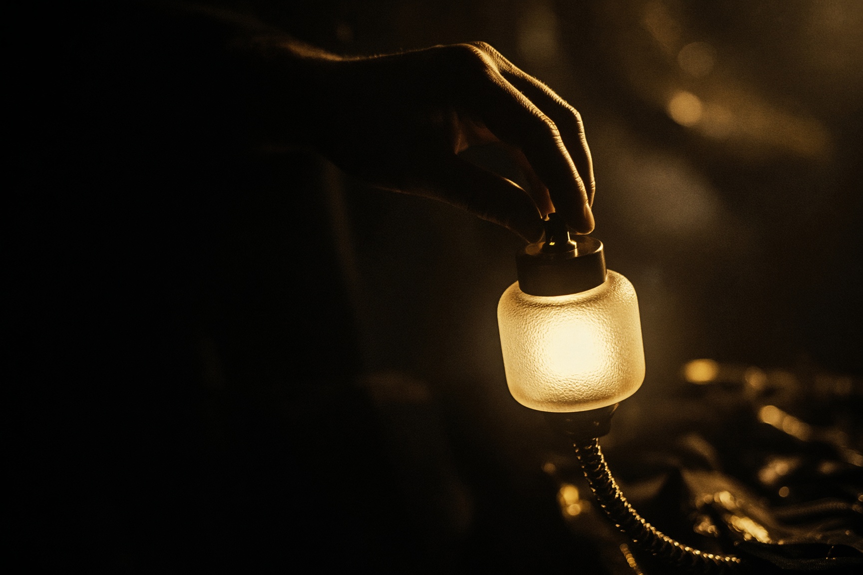 A hand in silhouette on a warm stage lamp