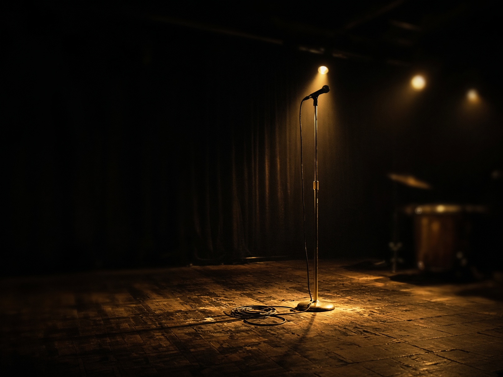 Empty stage in warm practical light, cable on the floor
